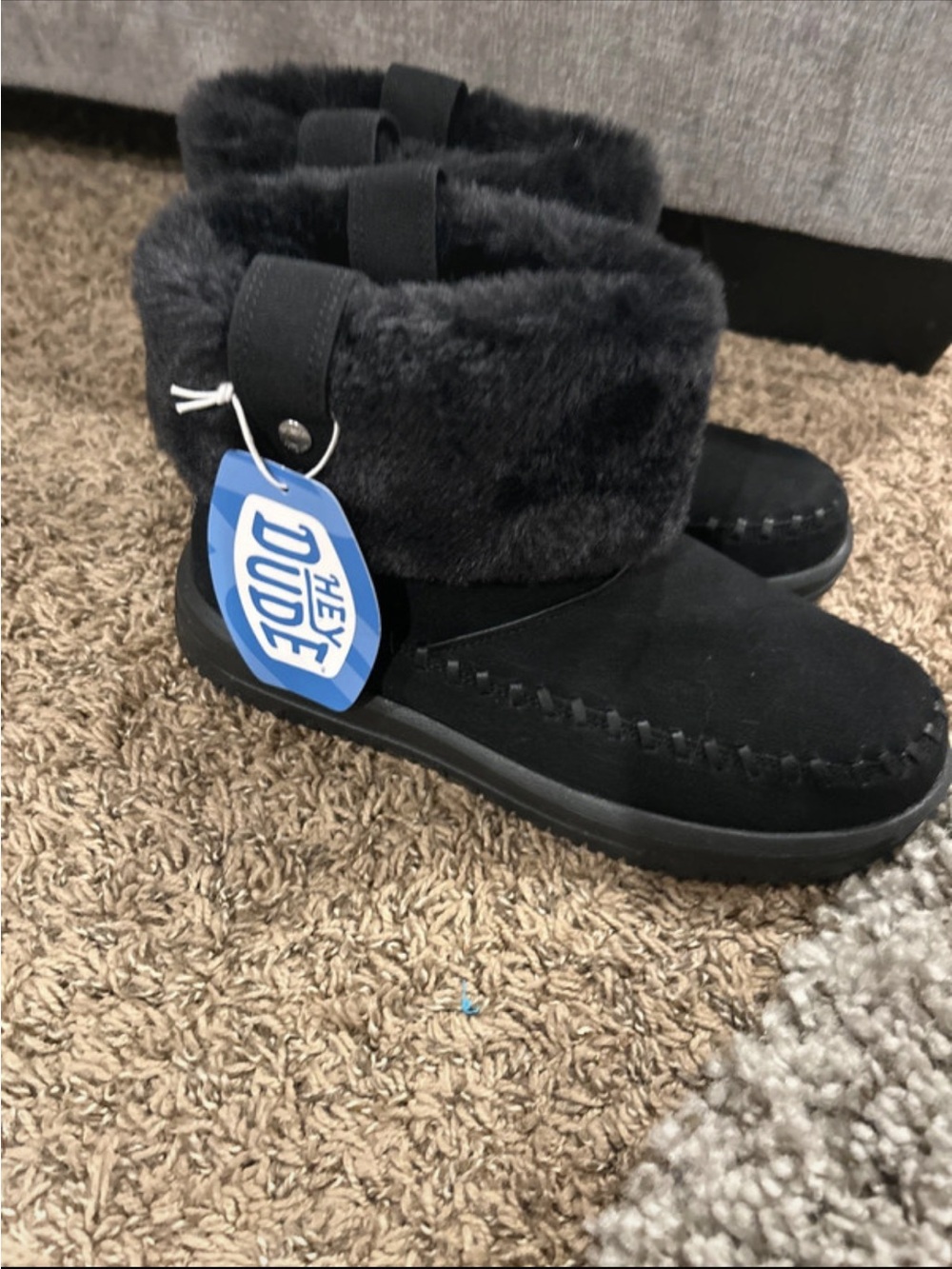 Hey Dude women’s Black Faux-Fur Cuff Moccasin Boot